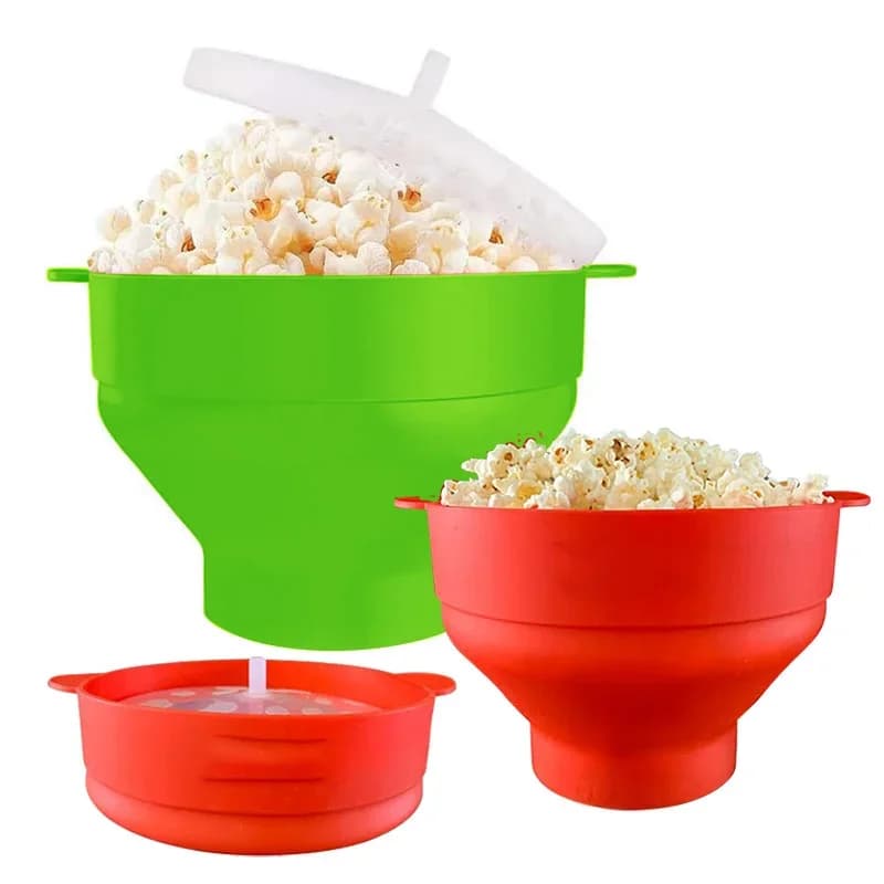 Kokoontaitettava silikoninen popcorn-kulho mikroaaltouuniin kannella