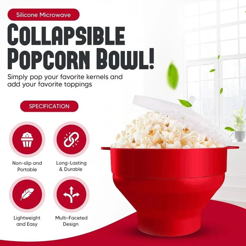 Kokoontaitettava silikoninen popcorn-kulho mikroaaltouuniin kannella