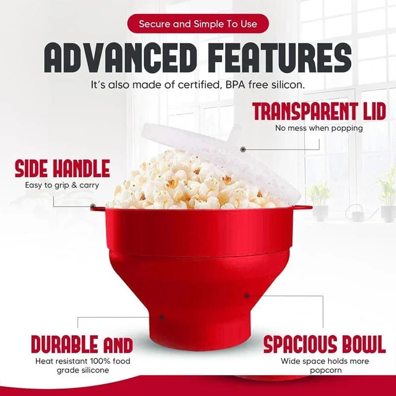 Kokoontaitettava silikoninen popcorn-kulho mikroaaltouuniin kannella